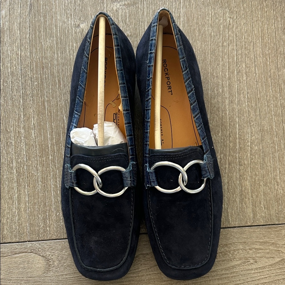 Rockport Navy Suede Slip-On Loafers with Silver Ring Detail